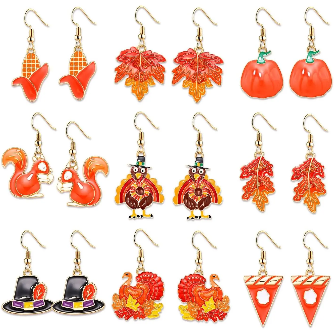 9 Pairs Thanksgiving Fall Earrings Harvest Pumpkin Maple Leaf Stud Earrings for Women Cute Squirrel Turkey Dangle Earrings Thanksgiving Autumn Party Jewelry Gifts