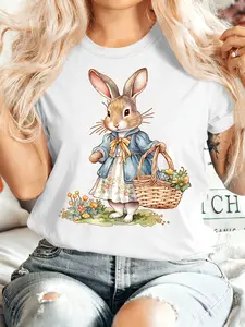 Easter Gift Women's Summer Jacquard Basket Lady Rabbit Print Round Neck Short Sleeve T-Shirt / Comfortable Soft Stylish Elegant Party Vintage Casual Versatile / Spring Summer Autumn Winter Sporty Style Top / Available in Sizes S-XXL