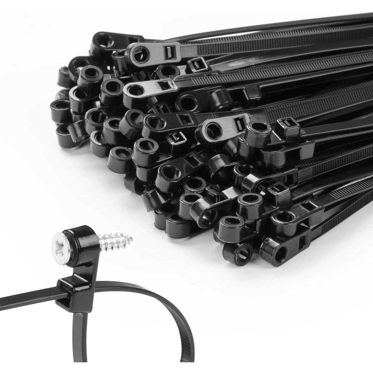 GJANSH Nylon Universal Cable Tie Buckle,Black Zip Ties Heavy Duty with Screw Hole 75lbs Mountable head Cable management Ties for Indoor & Outdoor Use
