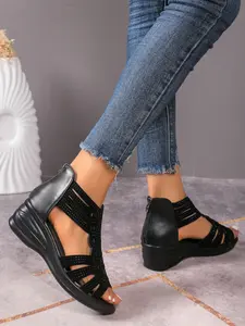 Women's Wedge Sandals, Rhinestone Embellished Design, Thick Sole Heel, Perfect for Summer Casual Wear, Comfortable and Stylish Footwear, PU Leather Sandals
