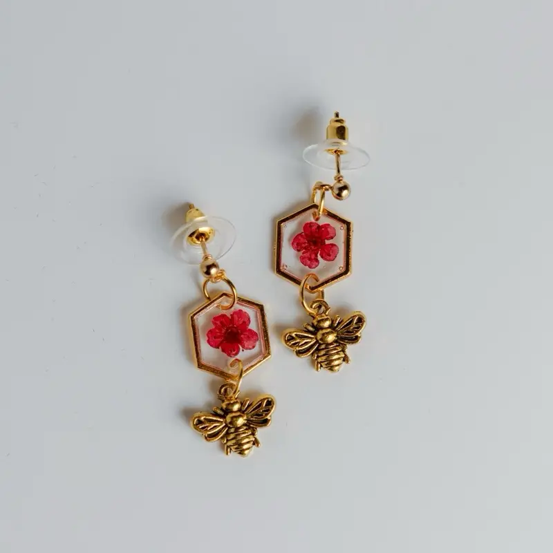 Gold Bee Earrings with Hexagon and Real Flower - Elegant Design Featuring Honeycomb and Bee Motif