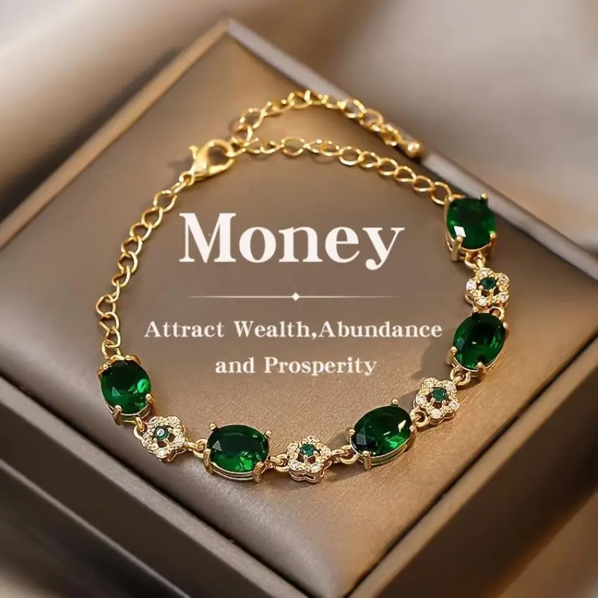 Women’s Polished Emerald Gemstone Alloy Chain Bracelet - Lightweight, Comfortable Fit, Elegant Costume Jewelry, Mother's Day Gifts for Daily Wear & Special Occasions
