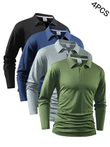 Men's Four-Piece Long Sleeve Polo Shirt Set, Quick-Dry Performance Polo Clothing Comfortable Sporty Color Block Collar Cuff Design, Casual Sports Wear Summer