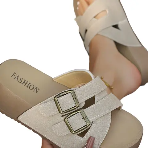 Spring Summer Essential Women Slide Sandals, Casual Sandals, Synthetic Leather, Chunky Sole Anti-Slip Design, Perfect for Daily Outings, Easy to Pair, Versatile Must-Have Footwear
