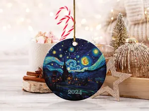 Starry Night Christmas Ornament 2024, Holiday Decoration & Gift Idea, Round Ceramic Heirloom Keepsake for Home Elegance, Perfect Gift for Any Occasion