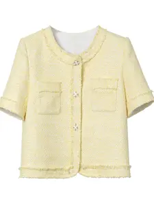 Women's Solid Color Tweed Short Jacket, Elegant Fashion Casual Open Front Outerwear for Daily Outdoor Wear, Women Clothing for Spring Fall