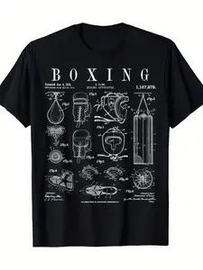 Men's & Women's Vintage Boxing Gloves T-Shirt - 100% Cotton 220gsm Retro Boxing Print Tee, Black with White Gloves Design, Casual Round Neck Short Sleeve Shirt for Gym, Training & Casual Attire