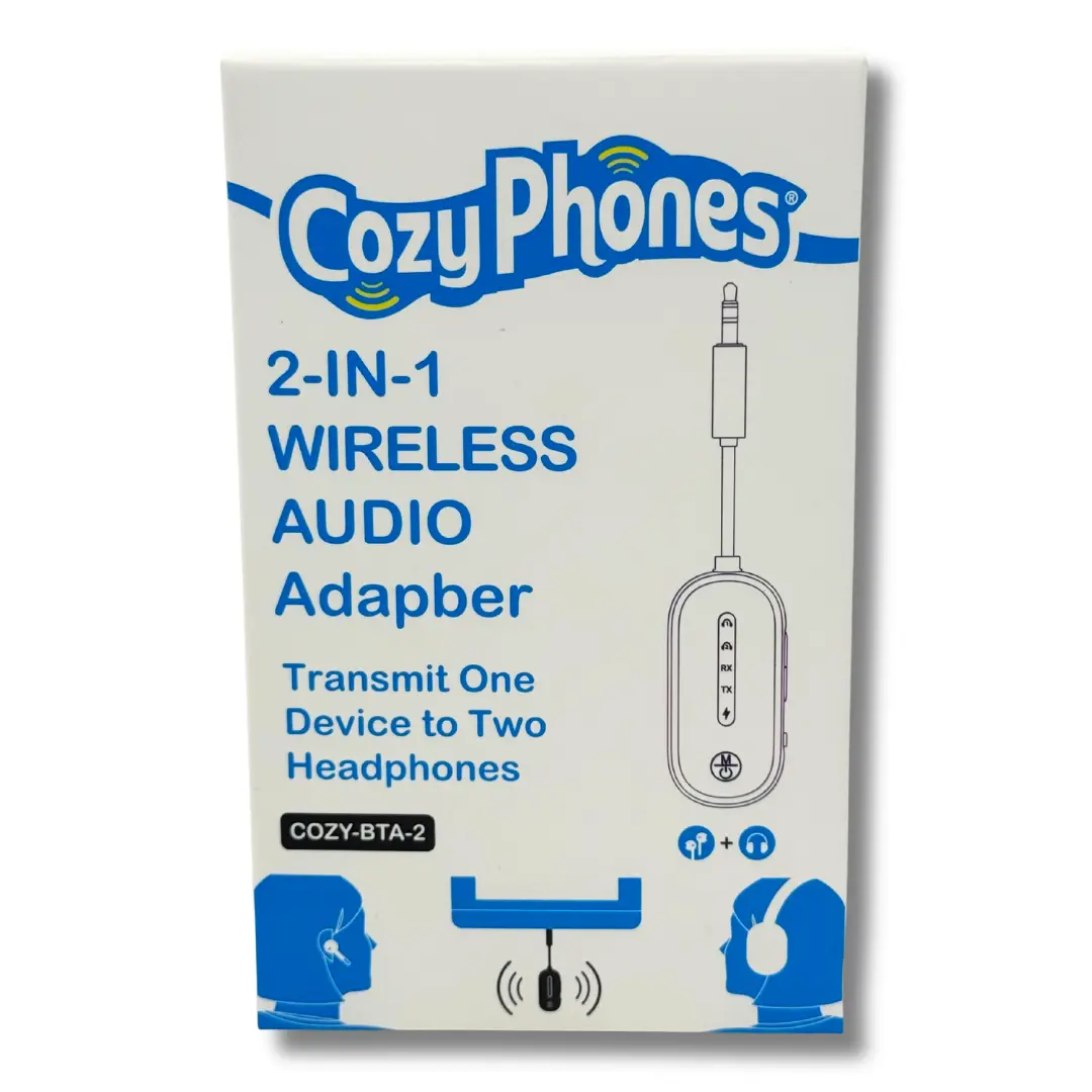 CozyPhones Dual Stream Bluetooth Audio Adapter for Airplane Tablet Headphone Jacks Wireless Transmitter 3.5mm AUX Plug Travel Essential Headset