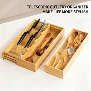 Adjustable Bamboo Cutlery Organizer, Bamboo Utensil Drawer Storage Box, Creative Desktop Drawer Cutlery Holder for Kitchen Dining Room Fork Spoon Knife Organization