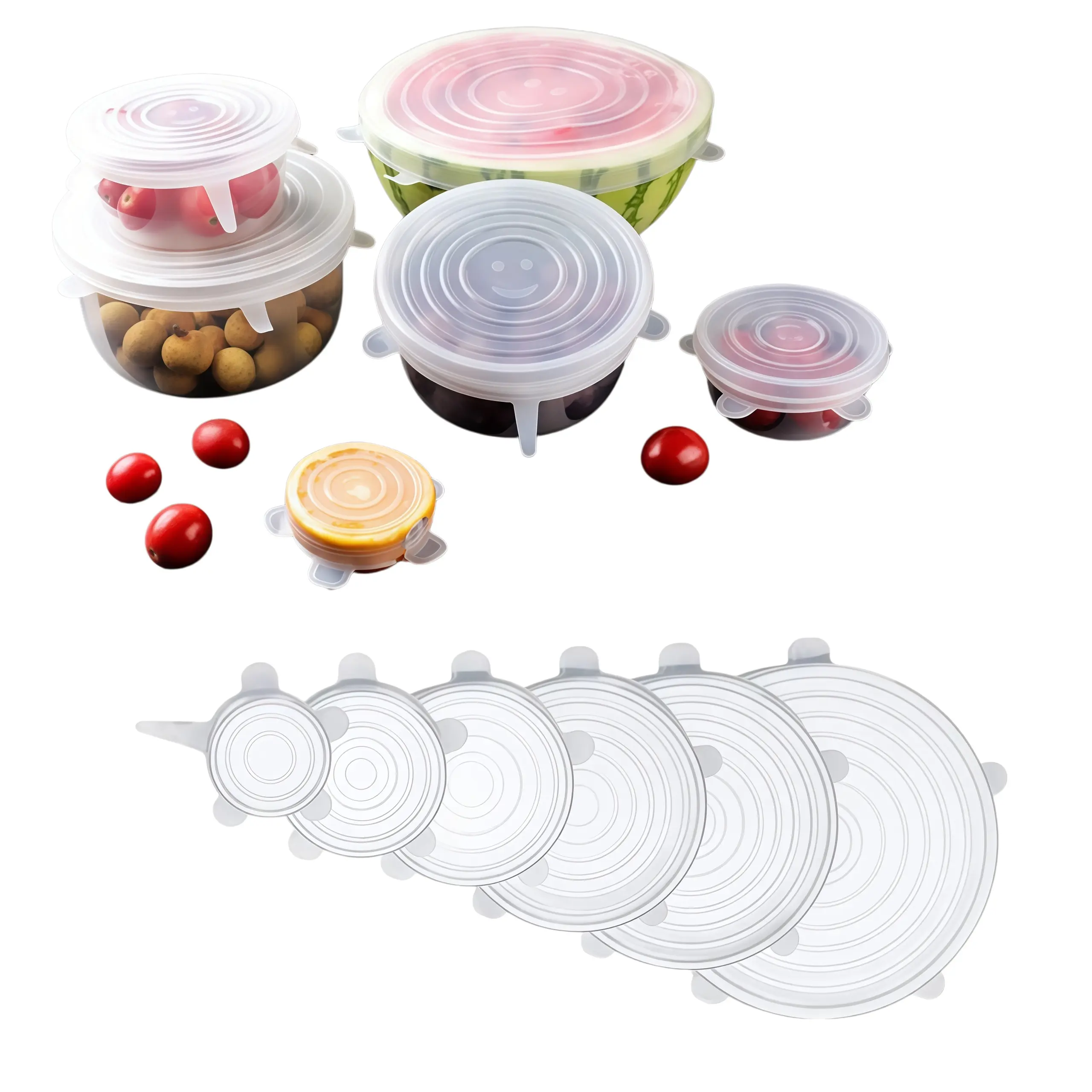 6pcs Stretch Leak Proof Lids, Reusable Stretchable Silicone Bowl Lid, Round Bowl Cover, Food Cover, Kitchen Gadgets, Meal Prep Containers Lid-MM1