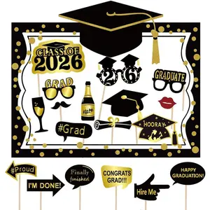 2026 Graduation Selfie Photo Booth Frame Black and  with 18 count Graduation Photo Booth Props, Upgraded Version with Support Cardboard, 2026 Grad Party Pose Sign