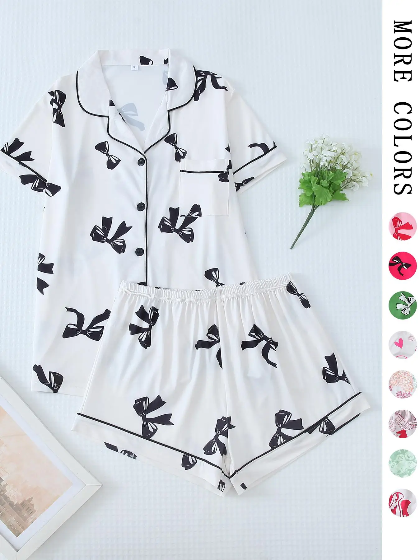 Two-Piece Set Women's Printed Button Front Pocket Shirt & Elastic Waist Shorts Pajama Set, Cute Comfy Soft PJ Lounge Set, Summer Clothes Women, Soft P