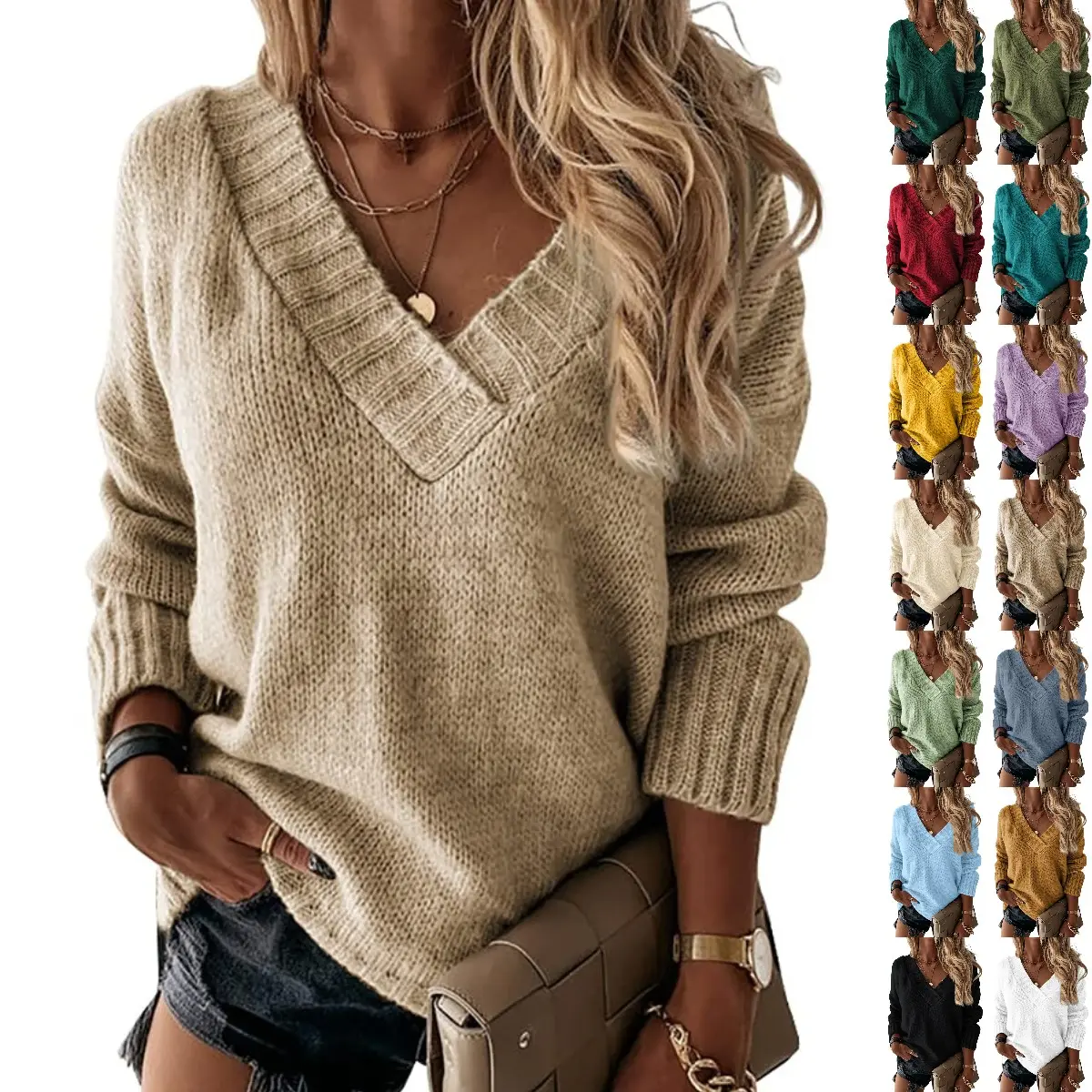 Goranbon Womens Loose Sweaters Sexy V Neck Long Sleeve Solid Knitted Jumper Pullover Sweatshirt Tops