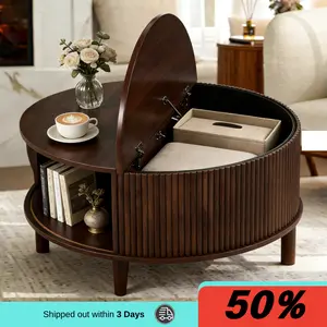 Coffee Table for Living Room, Modern Round Coffee Table with Cabinets & Sliding Doors, Home Small Space,31" Fluted Center Table, Walnut A round coffee table with storage, featuring sliding cabinet doors and a two-layer plain wooden tabletop, Home Decor, W