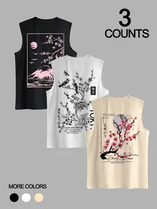 Men's 3-Piece Plant Pattern Print Round Neck Sleeveless T-Shirt, Casual Comfortable Top for Summer Outdoor Fitness Wear