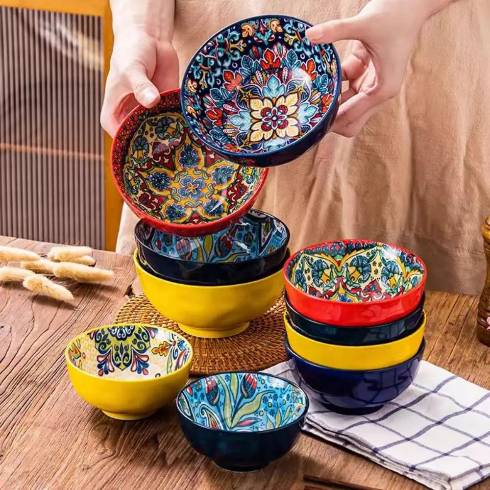 Boho Style Ceramic Bowl Set, 4 Counts Creative Colorful Ceramic Bowl, Kitchenware Ceramics, Kitchen Tableware for Noodle, Dessert and Salad, Salad Serving Bowls, Ramen Bowl Set, Ceramic Pasta Bowls