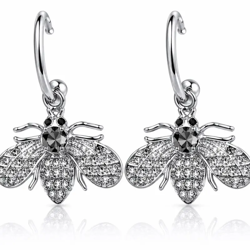 Bee Hoop Earrings Silver Plated with Sparkling Details and Amber Center