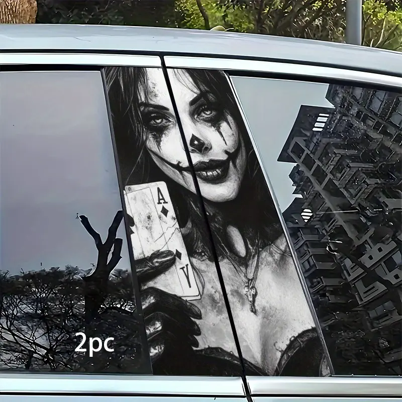 2-Pack Vinyl Car Door Post Stickers, Joker with Playing Cards Design, Scratch-Resistant Vehicle B-Pillar Protector, Universal Auto Accessory, Self-Adhesive, Semi-Matte Finish, Front Placement