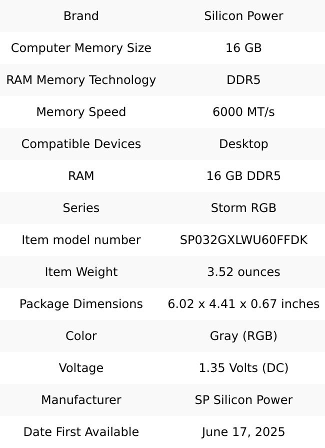 Silicon Power DDR5 32GB (2x16GB) Storm RGB 6000MT/s (PC5-48000) 288-pin CL36 1.35V UDIMM Desktop Memory Module RAM SP032GXLWU60FFDK Gray