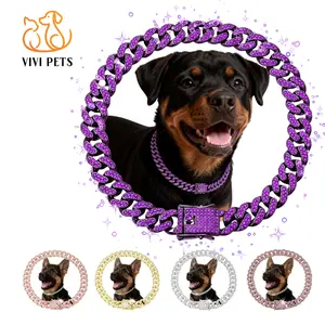 VIVI PETS Sparkling Lightweight Dog Collar - Multi-Color Cuban Chain with Rhinestones, Effortless Comfort for All-Day Wear, Durable Fashion Accessory for Small Dogs to Large Breeds and Cats, Perfect for Festive Outfits and Daily Adventures