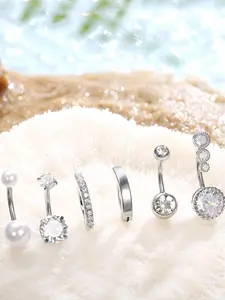 6pcs/set Unisex Elegant Faux Pearl & Rhinestone Decorated Navel Ring, Belly Ring, Stainless Steel Navel Piercing Jewelry for Women & Men, Body Jewelry for Party & Daily Clothing Decor