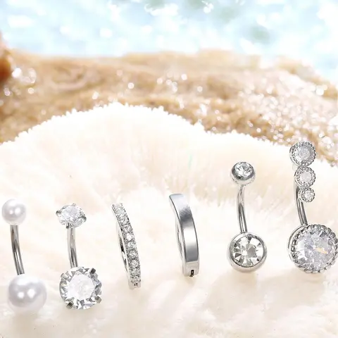 6pcs/set Unisex Elegant Faux Pearl & Rhinestone Decorated Navel Ring, Belly Ring, Belly Button Ring, Stainless Steel Navel Piercing Jewelry for Women & Men, Body Jewelry for Party & Daily Clothing Decor Body Jewellery