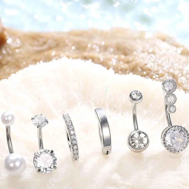 6pcs/set Unisex Elegant Faux Pearl & Rhinestone Decorated Navel Ring, Belly Ring, Belly Button Ring, Stainless Steel Navel Piercing Jewelry for Women & Men, Body Jewelry for Party & Daily Clothing Decor Body Jewellery