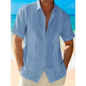 Mens Short Sleeve Guayabera Shirts Button Shirt Summer Tops Blue Tropical Shortsleeve
