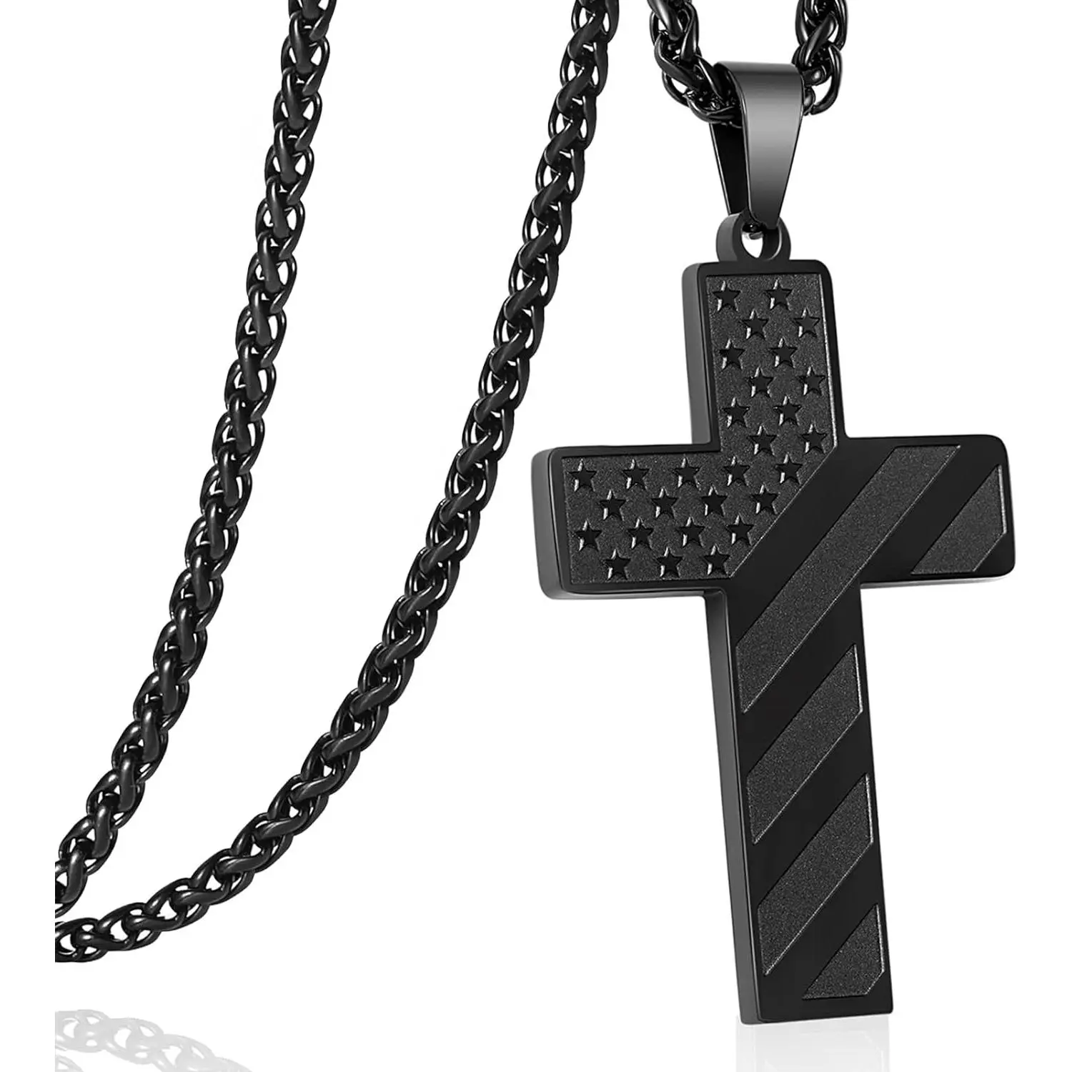 Men's Women's Cross Necklace with American Flag Pendant - Stainless Steel Religious First Communion Fashion Accessories Gift, Stainless Steel Jewelry