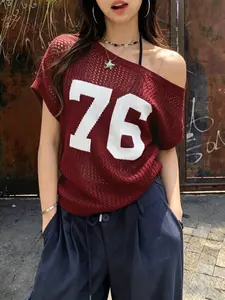 Summer Ice Silk Hollow Out Asymmetrical Shoulder Number Print Sexy Knit Top, Fashion Casual Loose Fit Breathable Drop Shoulder Sweater