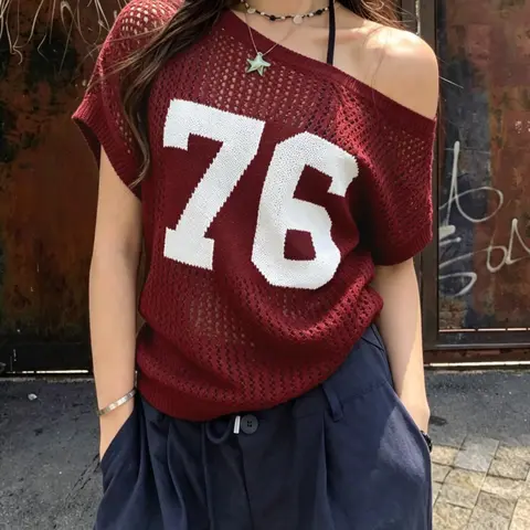 Summer Ice Silk Hollow Out Asymmetrical Shoulder Number Print Sexy Knit Top, Fashion Casual Loose Fit Breathable Drop Shoulder Sweater Knitwear Womenswear