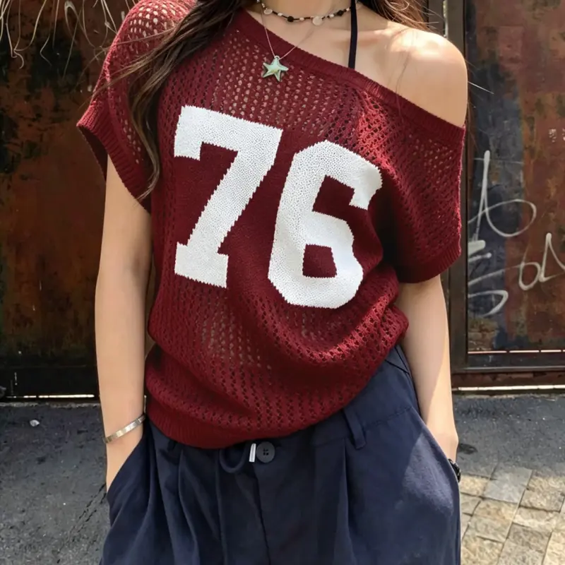 Summer Ice Silk Hollow Out Asymmetrical Shoulder Number Print Sexy Knit Top, Fashion Casual Loose Fit Breathable Drop Shoulder Sweater Knitwear Womenswear