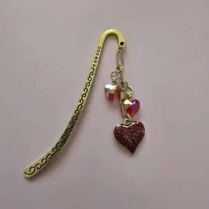 Red Glitter Heart Book Hook Bookmark with glass bead accents for Book Lovers