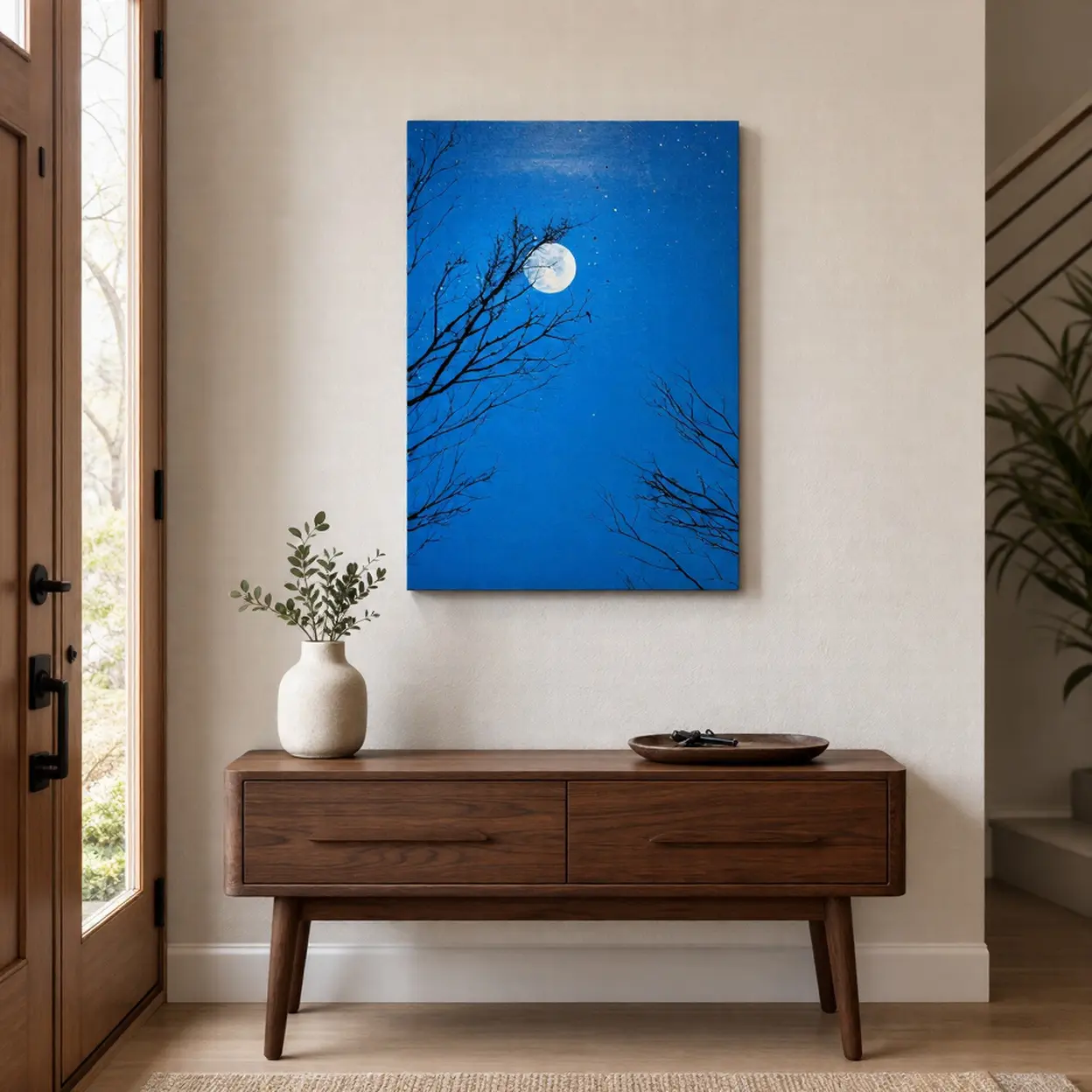 Modern Framed Nature Celestial Aesthetic Print - Lightweight Waterproof Full Moon Night Sky Canvas Wall Art, Blue and White Aesthetic Tree Branch Forest Painting, Minimalist Home Decor for Living Room, Cozy Gift