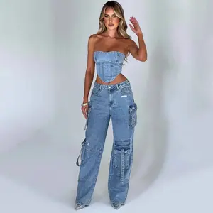 2024 New Style Loose Feeling Slimming Pants Low Waisted Pocket Splicing Jeans for Women's Autumn Denim Pant Top Set
