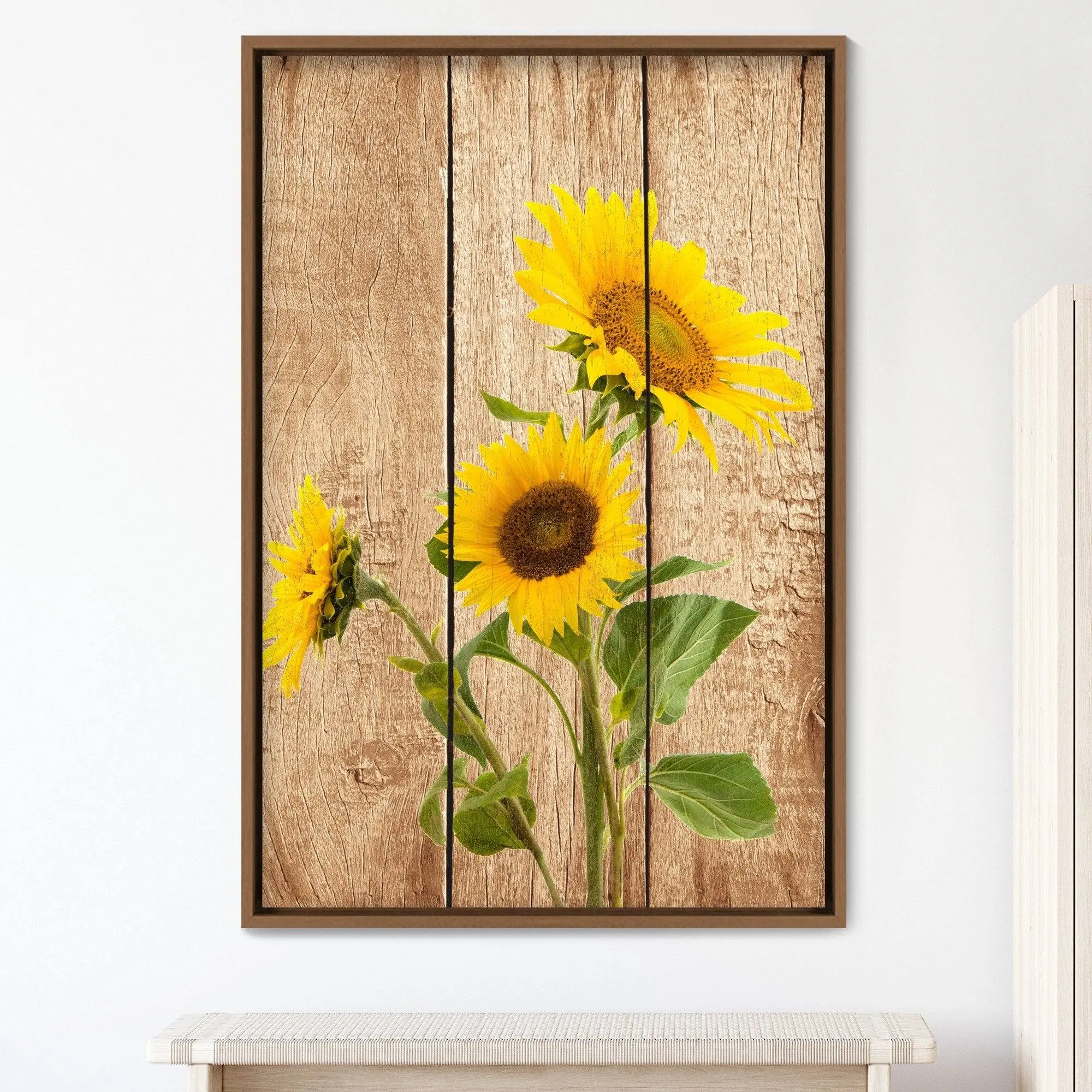 Frame Large Wall Art Yellow Sunflower Trio on Wood Panels Nature Wilderness Colorful Canvas Art Print, Floral Wall Decor, Gift, Wall Decor