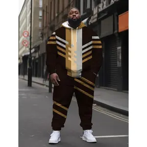 2pcs Men's Plus Size Casual Hoodie Tracksuit, Color Block Hooded Sweatshirt & Pant Set