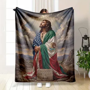 Faith Prayer Flannel Blanket Patriotic Cross And Heavenly Clouds Print Soft Cozy Lightweight Throw For Bedroom Sofa Church Meditation Holiday Gift