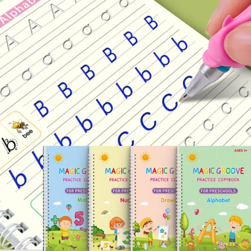 Multi Language Magic Practice Scribe Book Set, Preschool Learning Kit, 4/8 Counts/set Reusable Number & Letter & Math & Drawing Practice Scribe Book with 1 Pen, 5 Refill & 1 Pencil Grip, Perfect Gift for Your Child, Perfect Christmas Gift