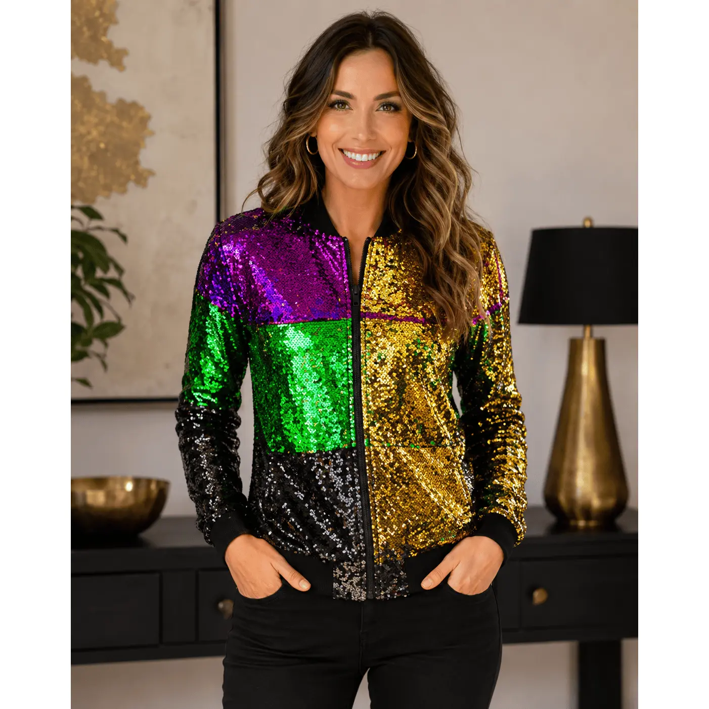 Mardi Gras Color Block Sequin Bomber Jacket