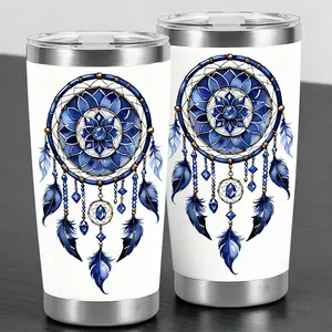 "Blue Dreamcatcher" Bohemian Design 20oz Stainless Steel Cup,Tumbler,Thermos Cup with Lid ,Reusable Drinking Cup, High-Quality Water Bottle for Iced Coffee, Beer, Juice, Milk, Cold Drinks, Fashionable, Perfect Gift for Coffee Lovers, Friend, Family