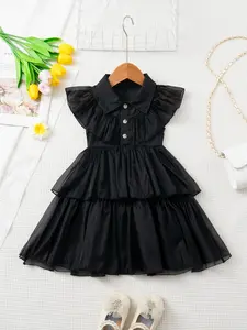 1pcs Girls' Dress Pure Color Stand Collar Small Flutter Sleeves, Fashion Trendy Princess Dress, Solid Colored Dress