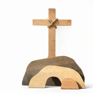 Christian Easter Decor – He Is Risen Empty Tomb Display with Wooden Cross, Resurrection Scene Ornament for Farmhouse Mantel, Tiered Tray & Religious Home Decor