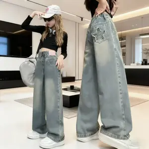 New Spring and Autumn Girls' Jeans Children's Loose Casual Cowboy Wide Leg Pants for Comfortable Everyday Wear