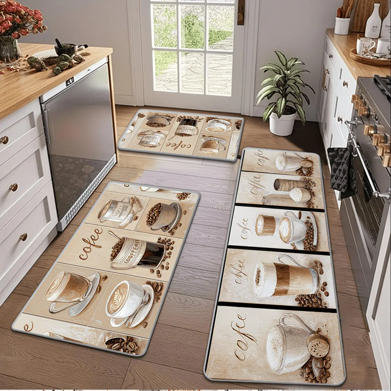 1pcs Flannel Kitchen Floor Mat with Coffee Theme Pattern, Non-slip Mat, Machine Washable, Soft&Comfortable&Easy to Clean, Suitable for Bedroom, Living Room, Dining Room, Kitchen, Bathroom, Home Decoration