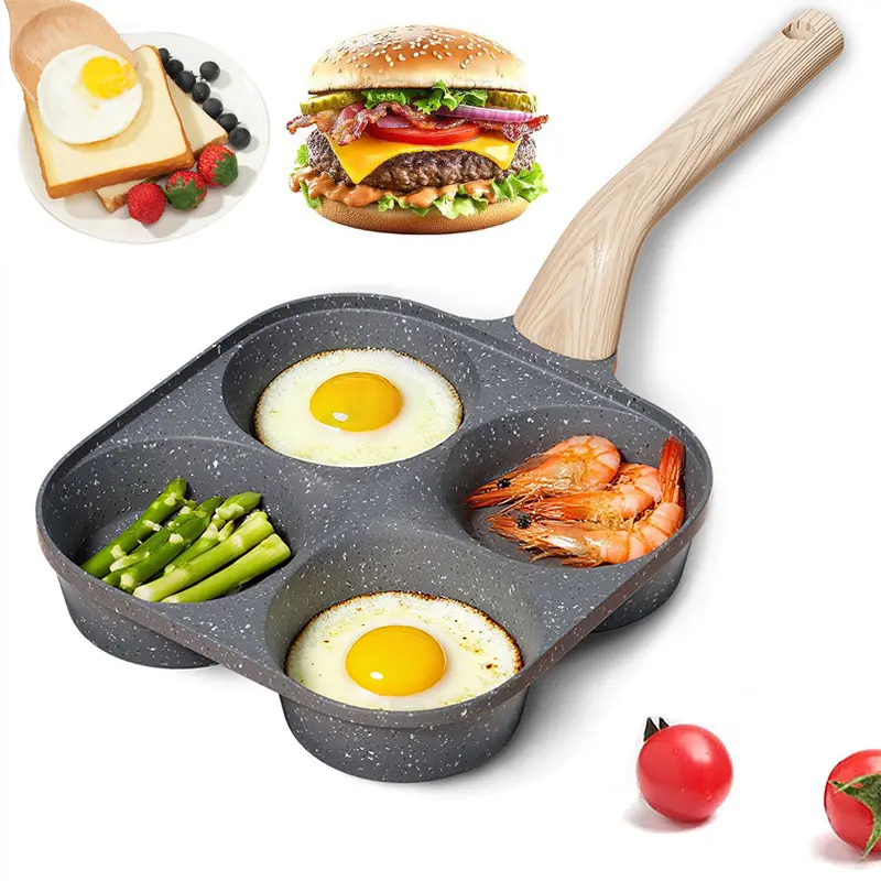 4-Hole Egg Frying Pan, Non-Stick Pancake Pan, Multi-Slot Granite Skillet, No-Scrub Rinses Clean Kitchen Cookware with Handle, Gas Stove Safe & Induction Ready for Home Chefs