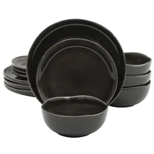 Gibson Soho Lounge Nardini 12 Piece (Service for 4) Plates and Bowls Reactive Glaze Dishes Stoneware Ceramic Dinnerware Set - Black and Blue