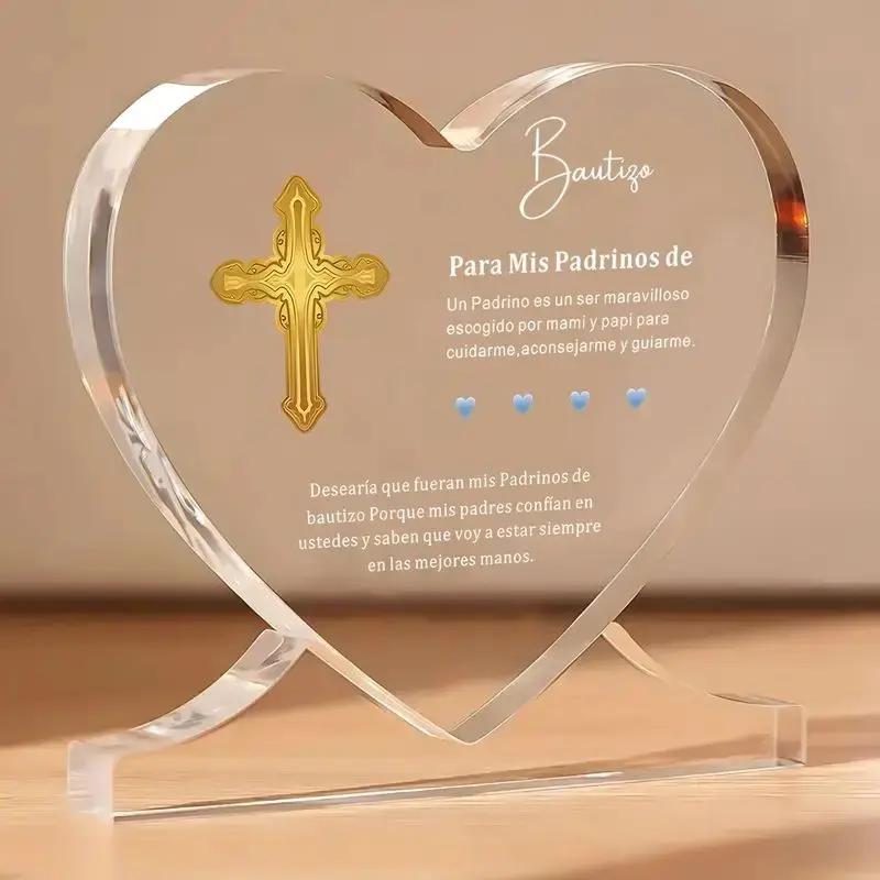 1pc Heart-Shaped Acrylic Baptism Proposal Plaque, Acrylic Signage Plaque, Acrylic Photo Plaque for Godparents - Spanish Engraved "Parte Mi Misión de Padrinos" with Golden Cross Design, Non-Electric Tabletop Decoration for Home, Office