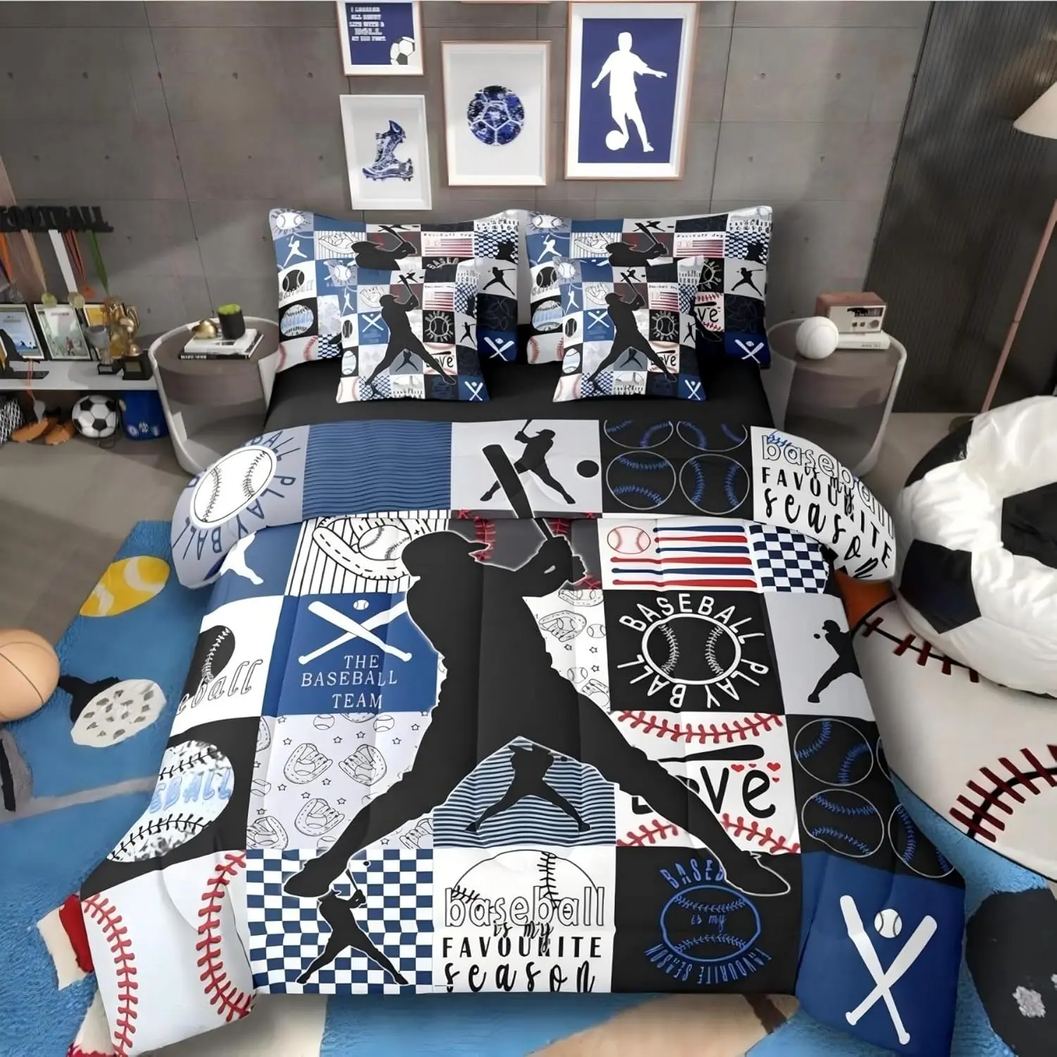 Feelyou 7-Piece Microfiber Luxe Breathable Baseball Grid Bedding Set - Multi-Size, Geometric Black Patch Design, Easy-Care Sports Comforter Set for Boys, Personalized Look