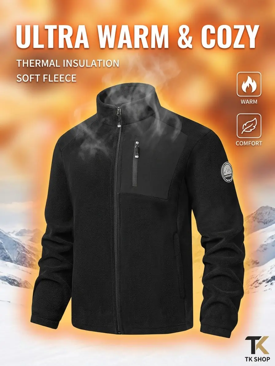 Men’s outdoor fleece jacket with stand collar, fleecy texture, color-block design, zip closure—warm for autumn/winter, casual mountaineering fleece jacket